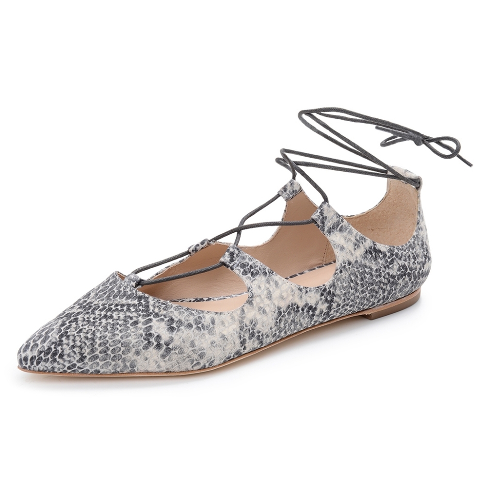 Loeffler Randall Ambra Lace-up Pointed Toe Flat in Grey Snake Print 8